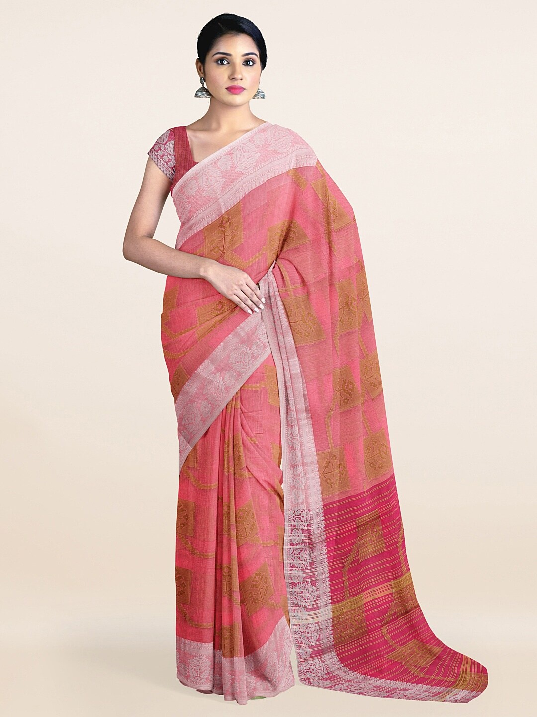 

Pothys Peach-Coloured & White Woven Design Zari Cotton Blend Saree
