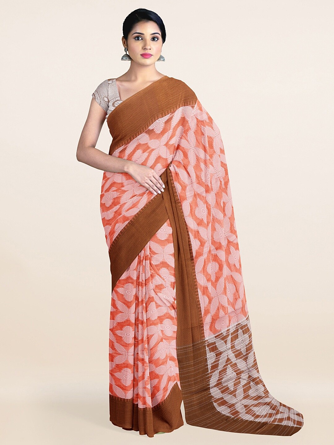 

Pothys Peach-Coloured & Silver-Toned Woven Design Zari Saree