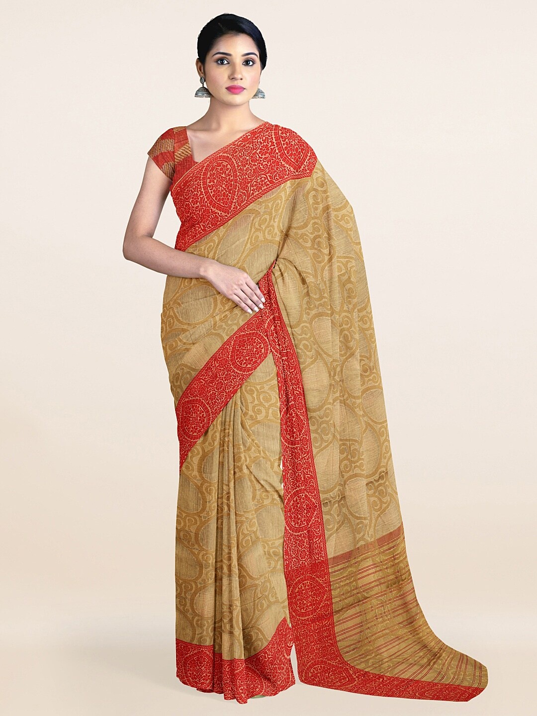 

Pothys Cream-Coloured & Red Floral Zari Saree