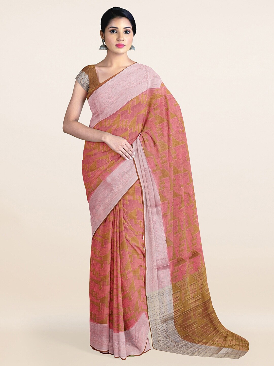 

Pothys Pink & Silver-Toned Woven Design Saree