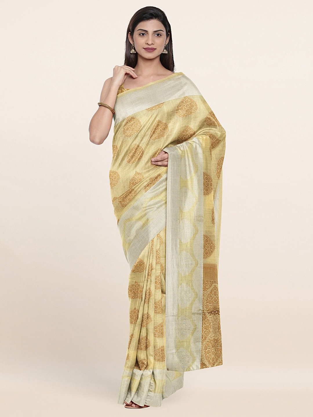 

Pothys Yellow & Gold-Toned Ethnic Motifs Zari Pure Cotton Saree
