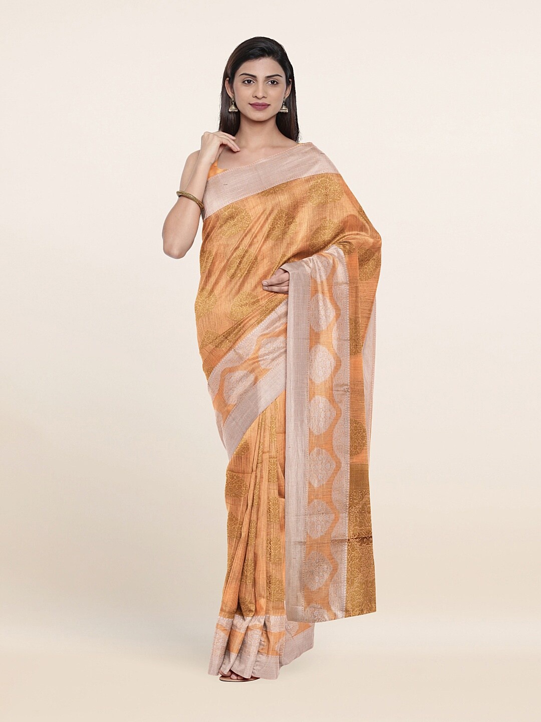 

Pothys Peach-Coloured & Silver-Toned Ethnic Motifs Zari Pure Cotton Saree