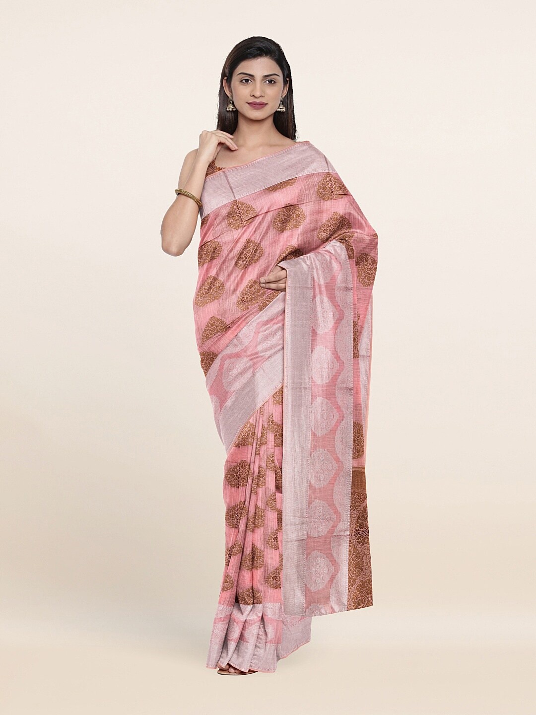 

Pothys Pink & Silver-Toned Ethnic Motifs Zari Pure Cotton Saree