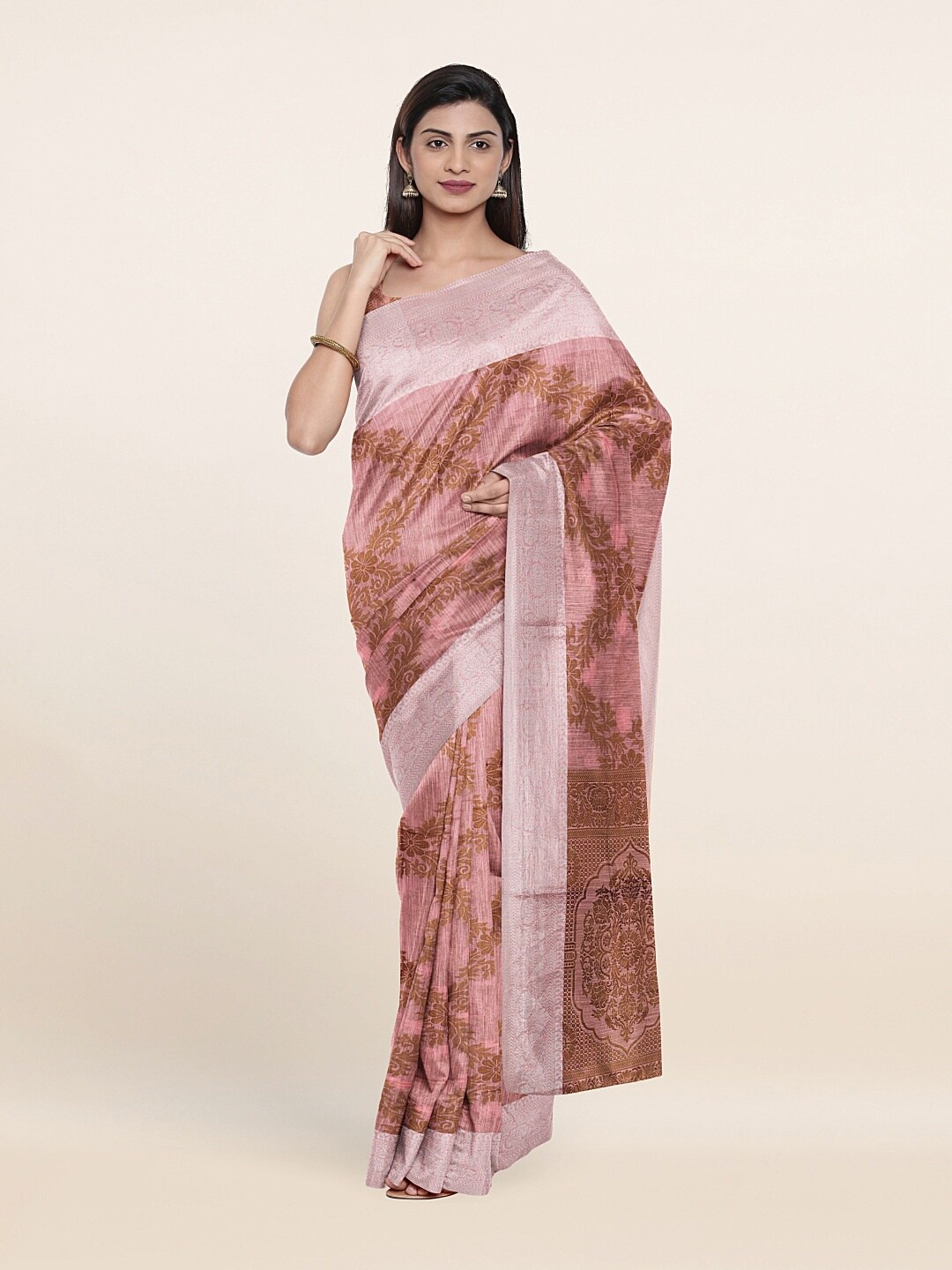 

Pothys Pink & Silver-Toned Ethnic Motifs Zari Pure Cotton Saree