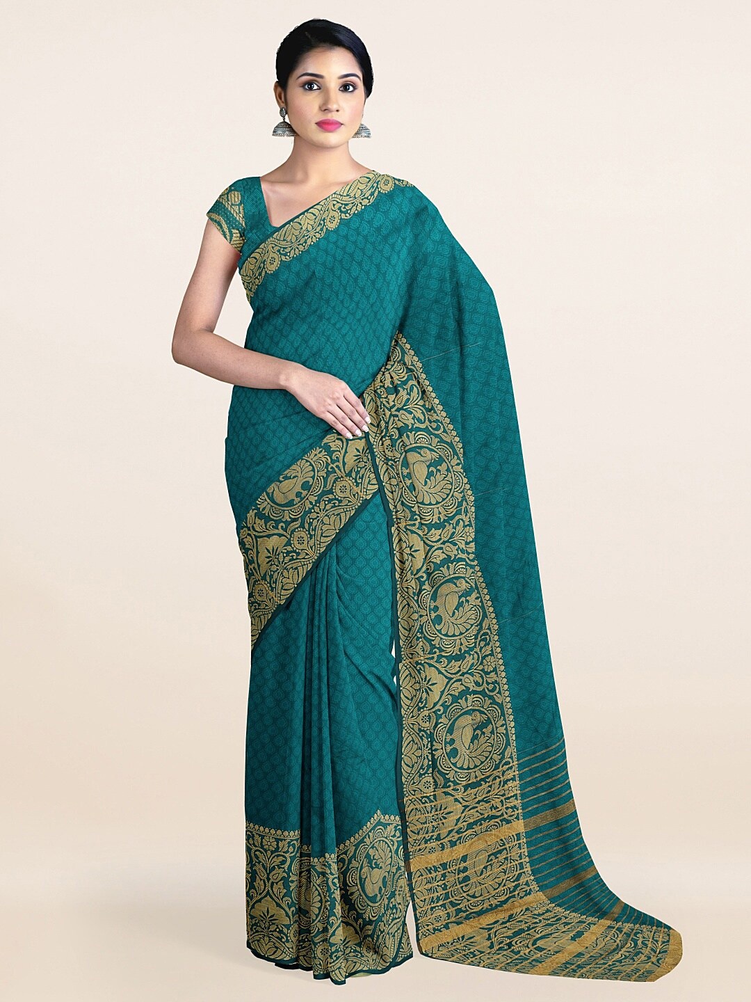 

Pothys Green & Gold-Toned Ethnic Motifs Zari Saree
