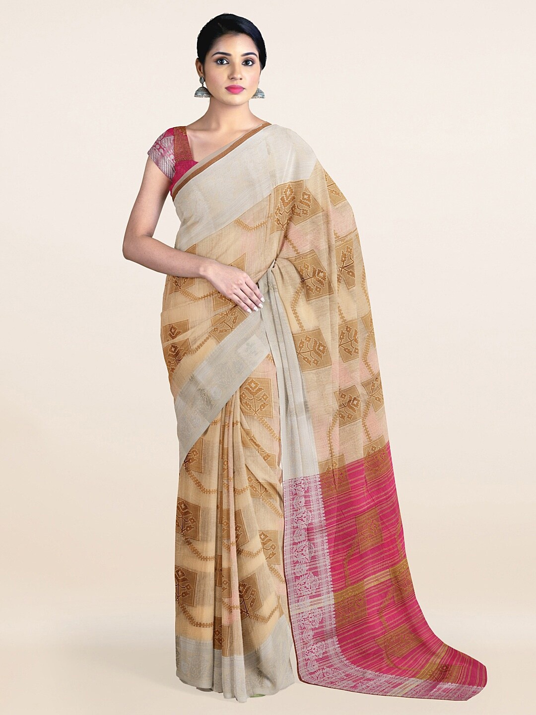 

Pothys Cream-Coloured & Gold-Toned Woven Design Zari Saree