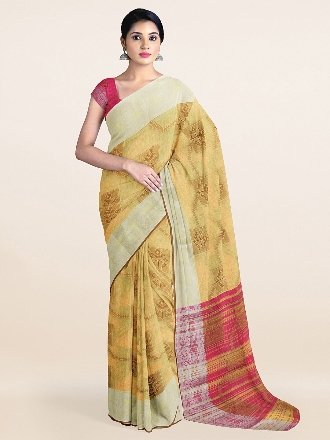 

Pothys Yellow & Silver-Toned Ethnic Motifs Zari Saree