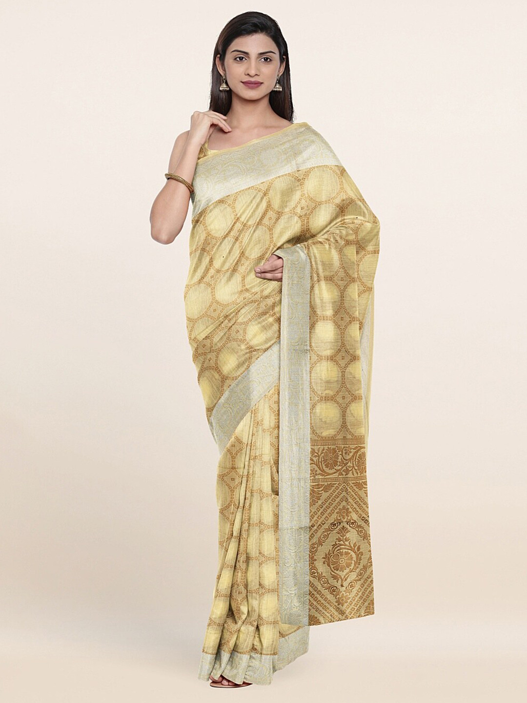 

Pothys Yellow & Gold-Toned Ethnic Motifs Zari Pure Cotton Saree
