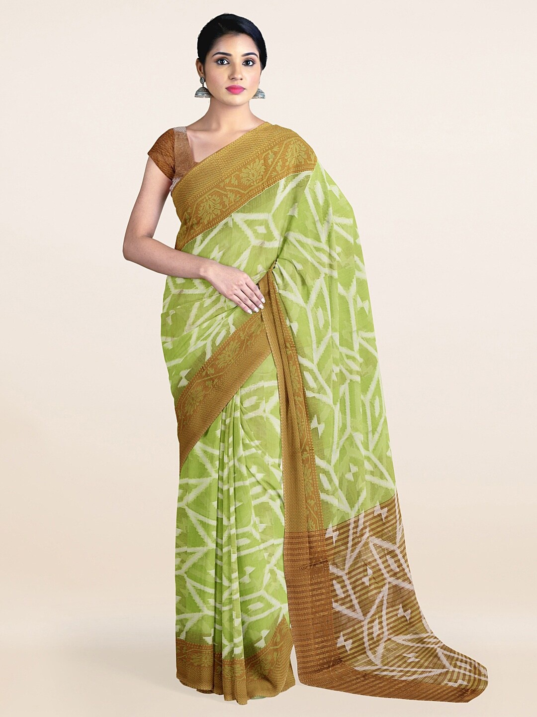 

Pothys Green & White Geometric Woven Design Zari Saree