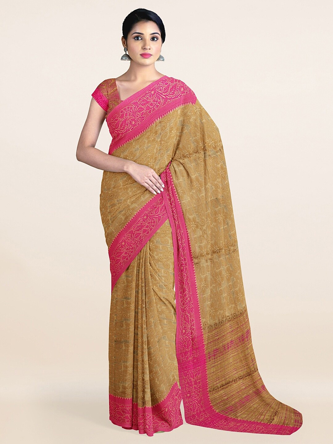 

Pothys Cream-Coloured & Gold-Toned Ethnic Motifs Zari Saree