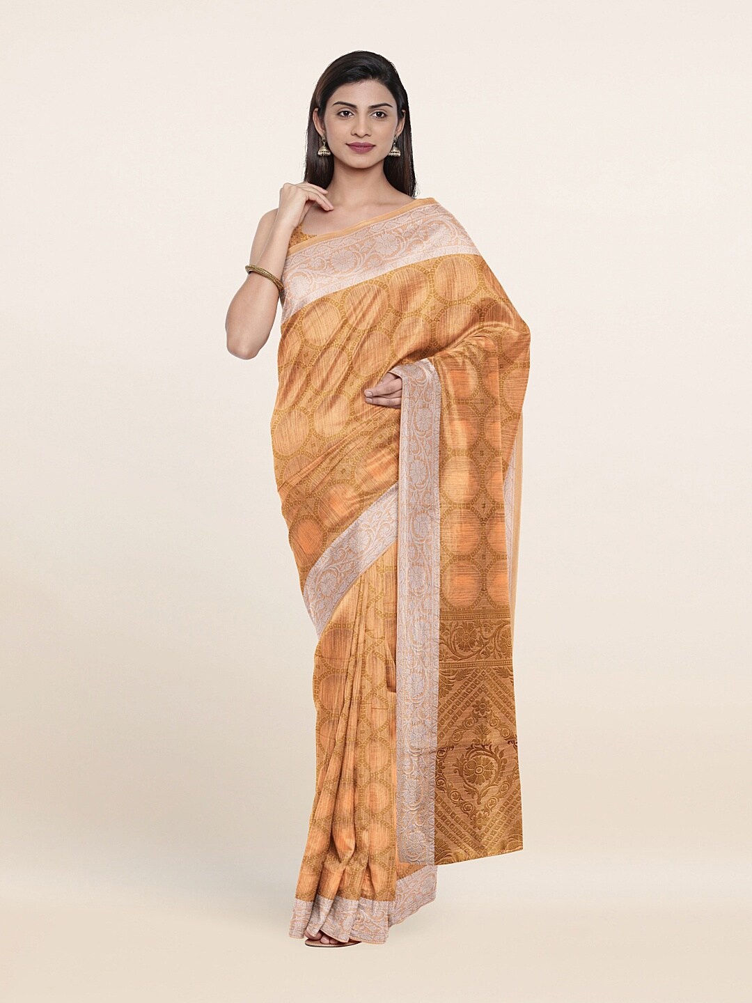 

Pothys Peach-Coloured & Silver-Toned Zari Pure Cotton Saree