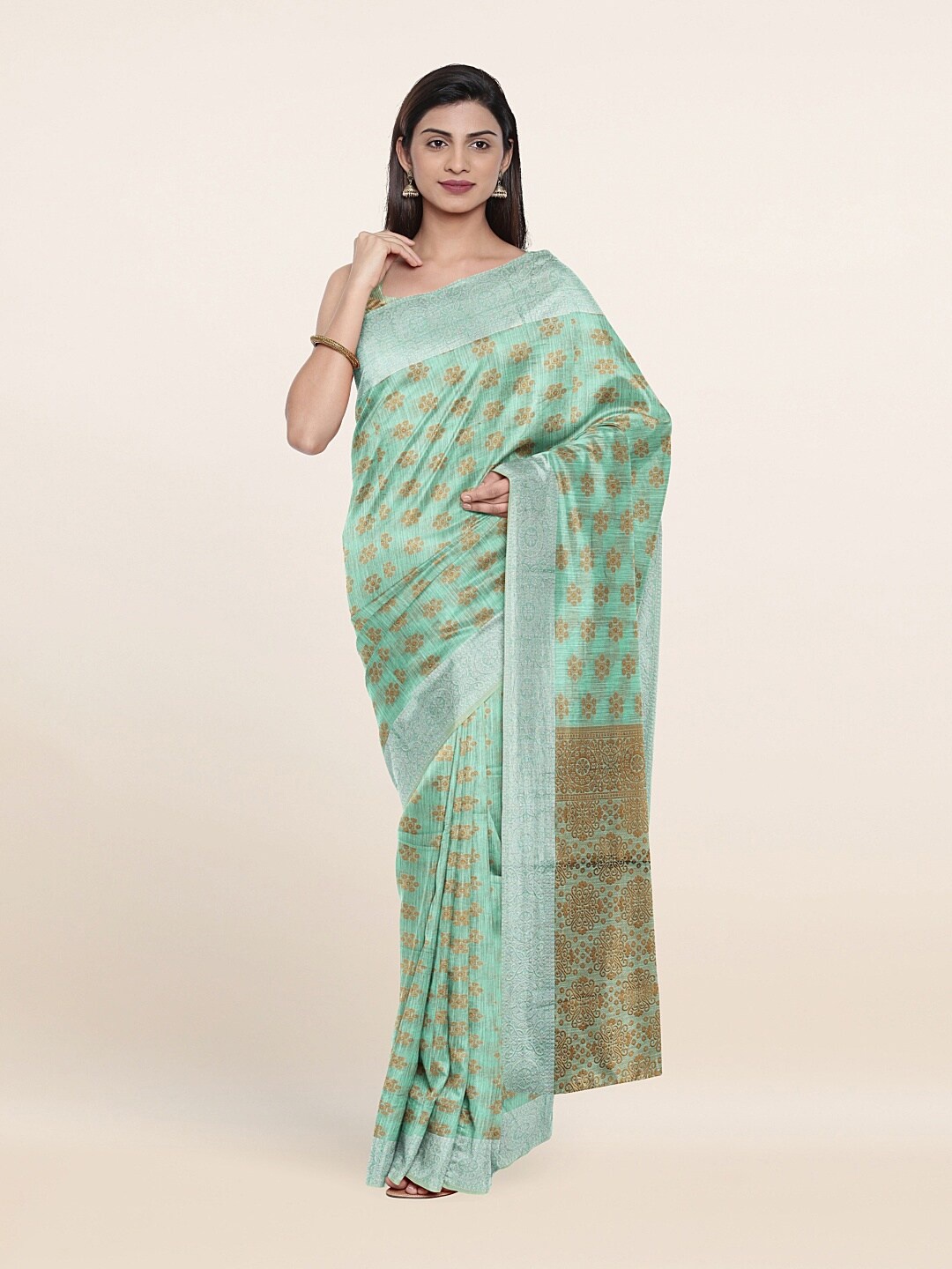 

Pothys Green & Gold-Toned Ethnic Motifs Zari Pure Cotton Saree
