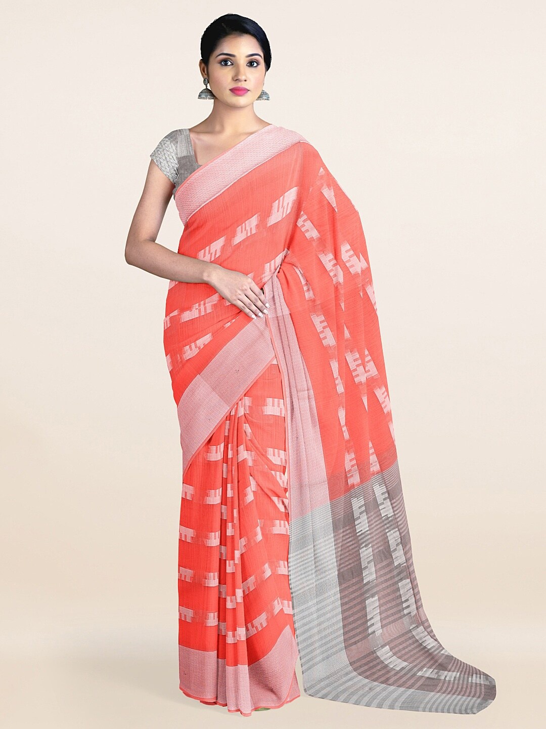 

Pothys Coral & Silver-Toned Ethnic Motifs Zari Saree