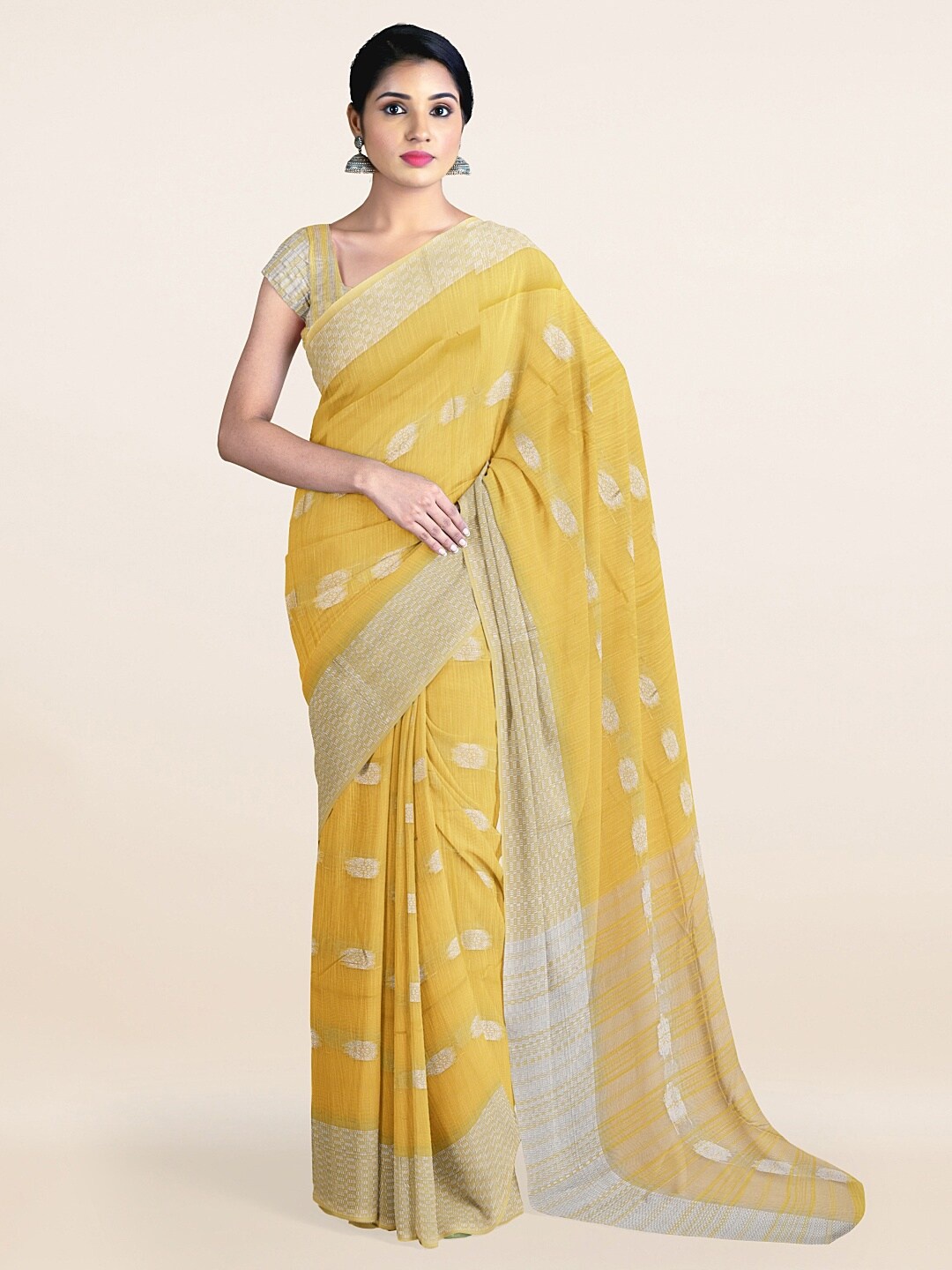 

Pothys Yellow & Silver-Toned Floral Woven Design Zari Saree