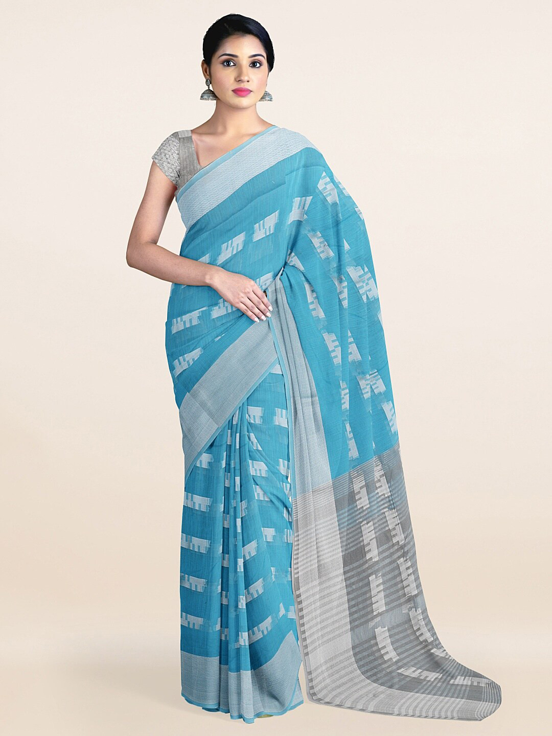 

Pothys Blue & Silver-Toned Ethnic Motifs Printed Saree