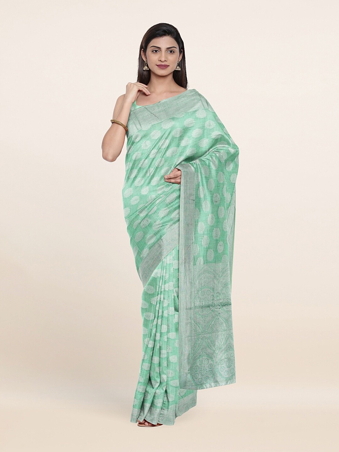 

Pothys Green & Silver-Toned Ethnic Motifs Zari Pure Cotton Saree