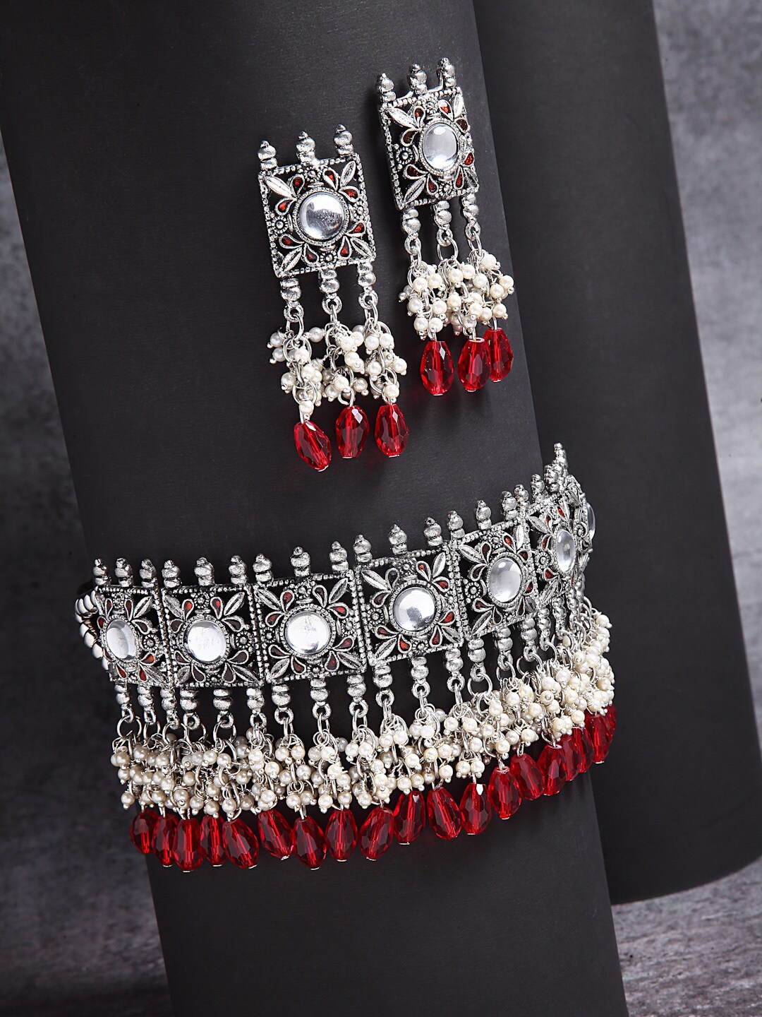 

Moedbuille Oxidized Silver-Plated Red Pearl Beaded Jewellery Set