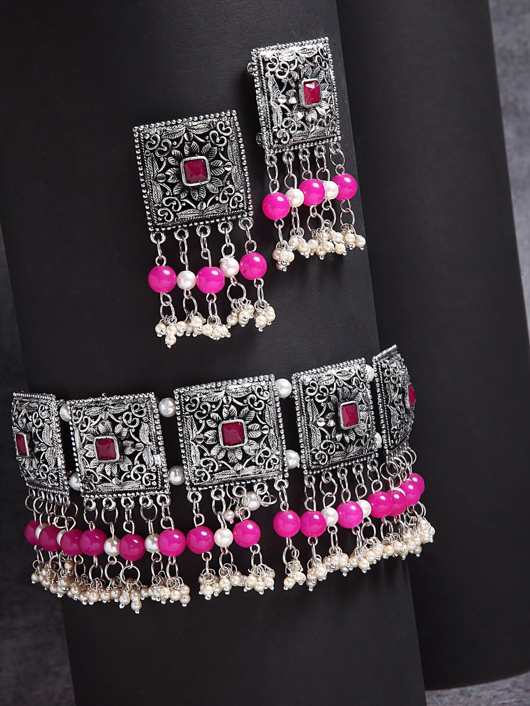 

Moedbuille Silver-Plated Pink & White Pearls & Stone-Studded Jewellery Set