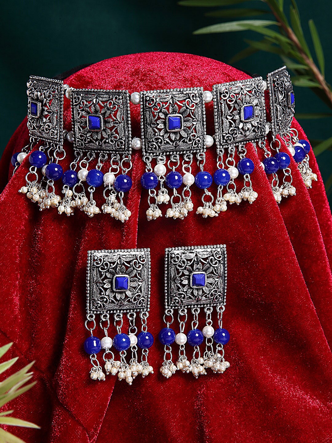 

Moedbuille Women Silver-Plated & Blue Stoned Beaded Tassel Design Jewellery Set
