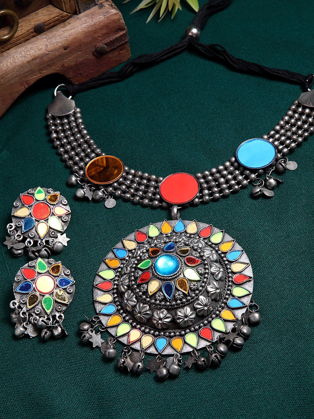 

Moedbuille Oxidised Silver-Plated & Orange Mirror-Studded Afghani Jewellery Set