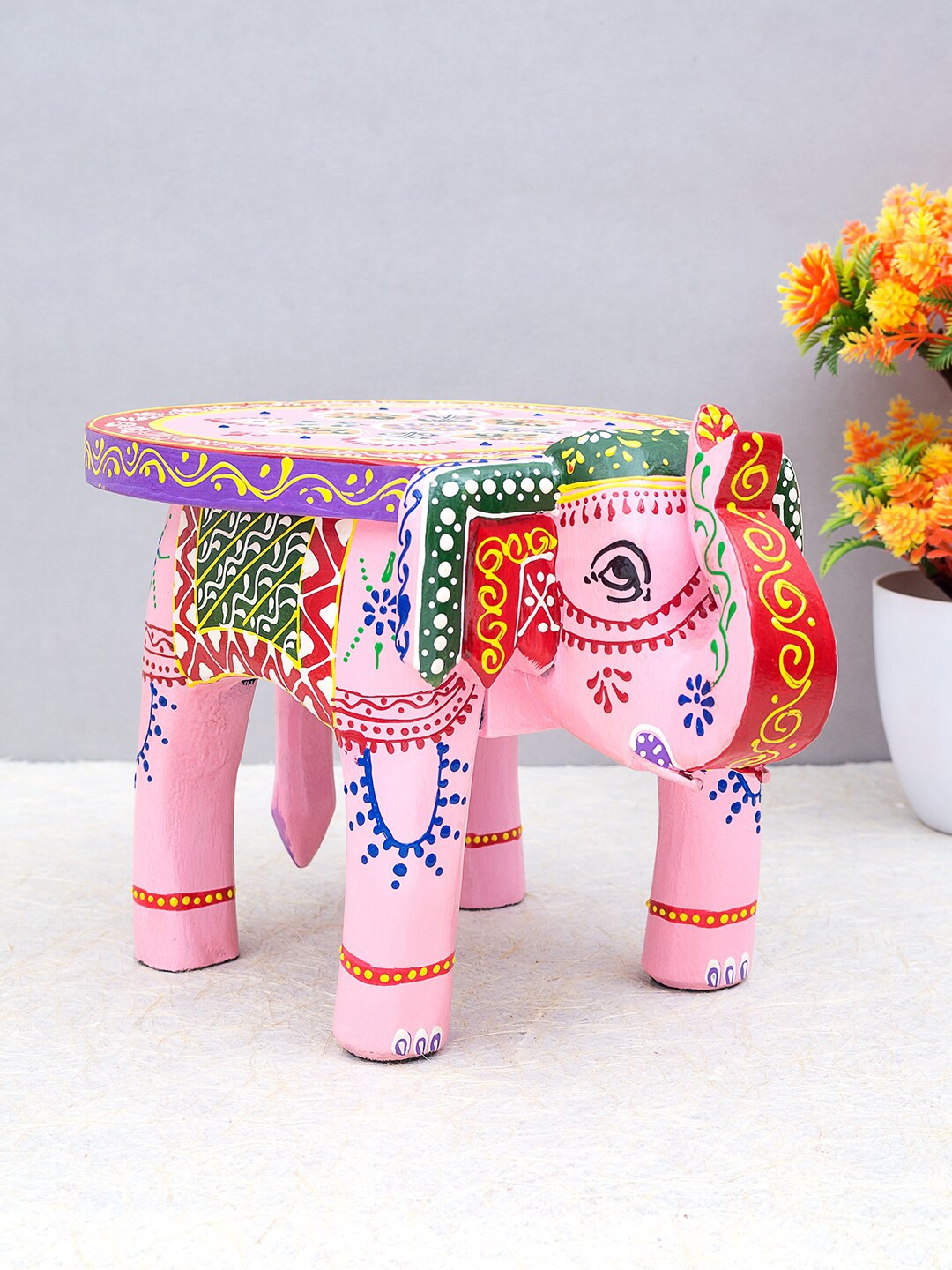

Golden Peacock Pink Handpainted Wooden Elephant Stool