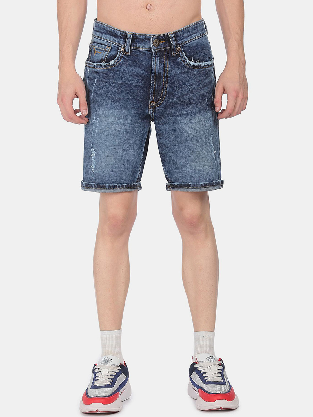 

Flying Machine Men Blue Low-Rise Slim Fit Ditressed Denim Shorts