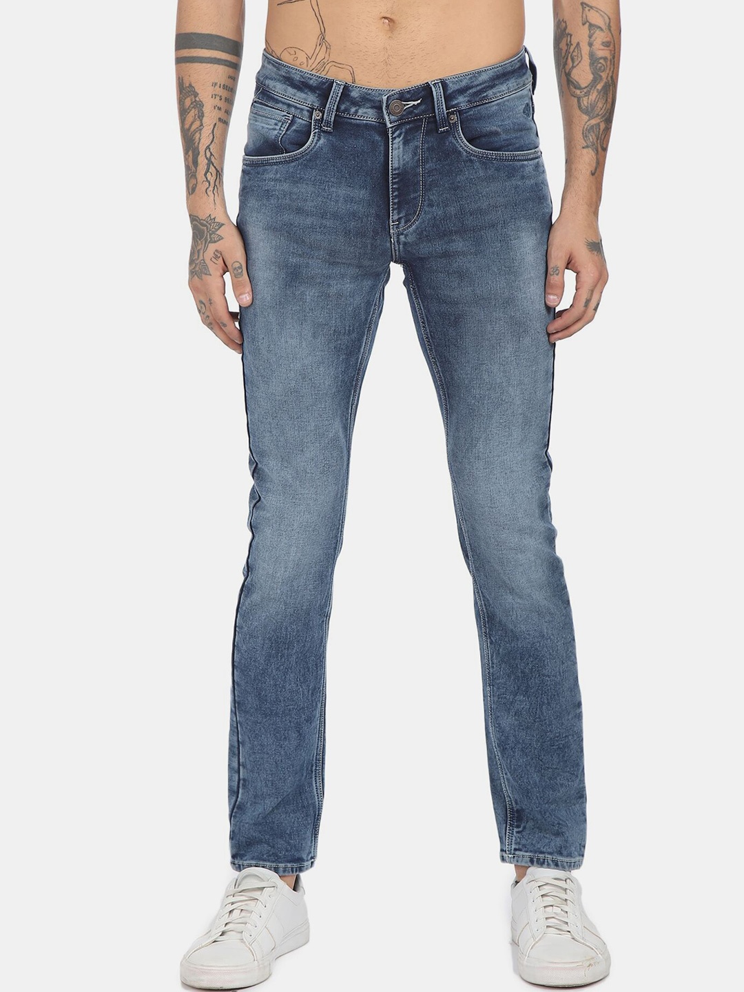 

Flying Machine Men Blue Stretchable Skinny Fit Low-Rise Heavy Fade Jeans