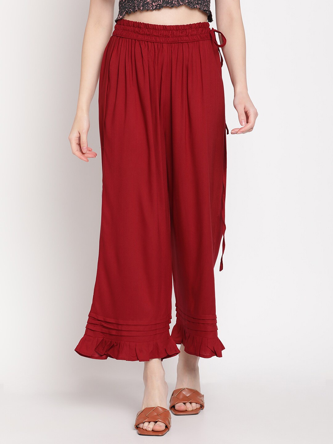 

TAG 7 Women Maroon Solid Hem Design Flared Palazzos