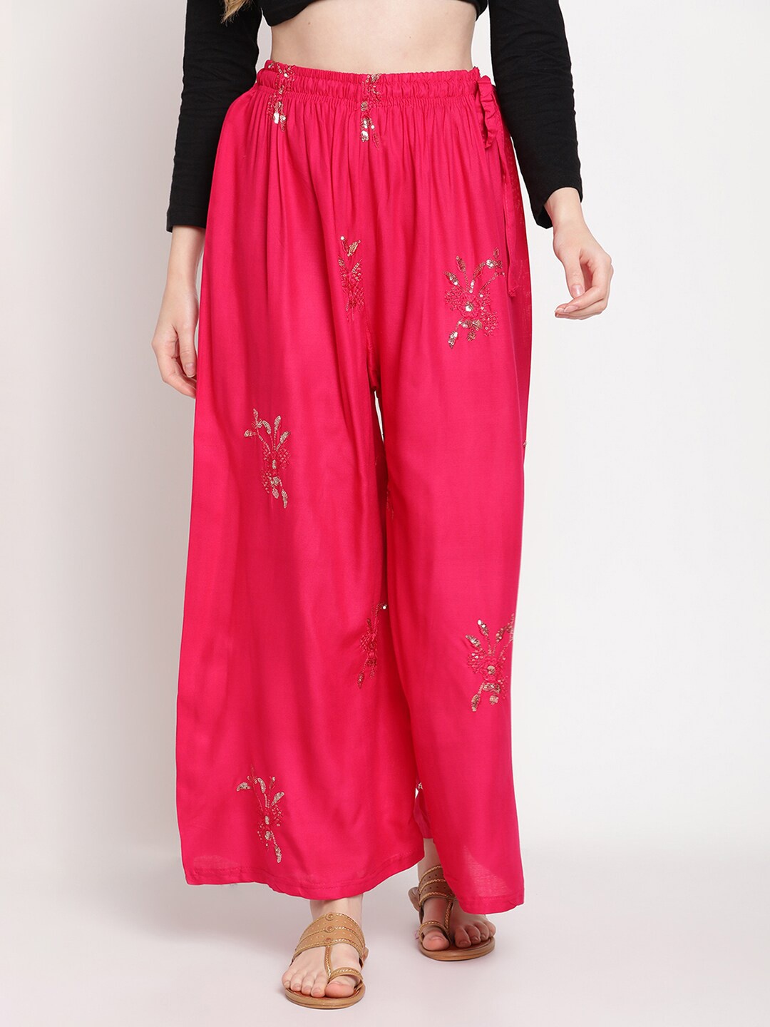 

TAG 7 Women Pink & Gold-Toned Ethnic Motifs Embellished Flared Palazzos