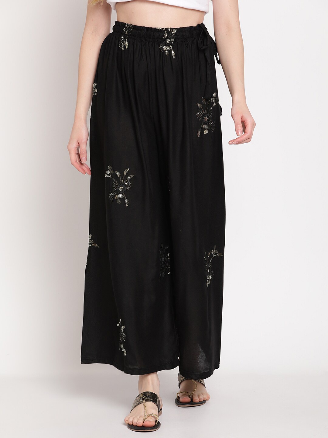 

TAG 7 Women Black Ethnic Motifs Embellished Flared Palazzos