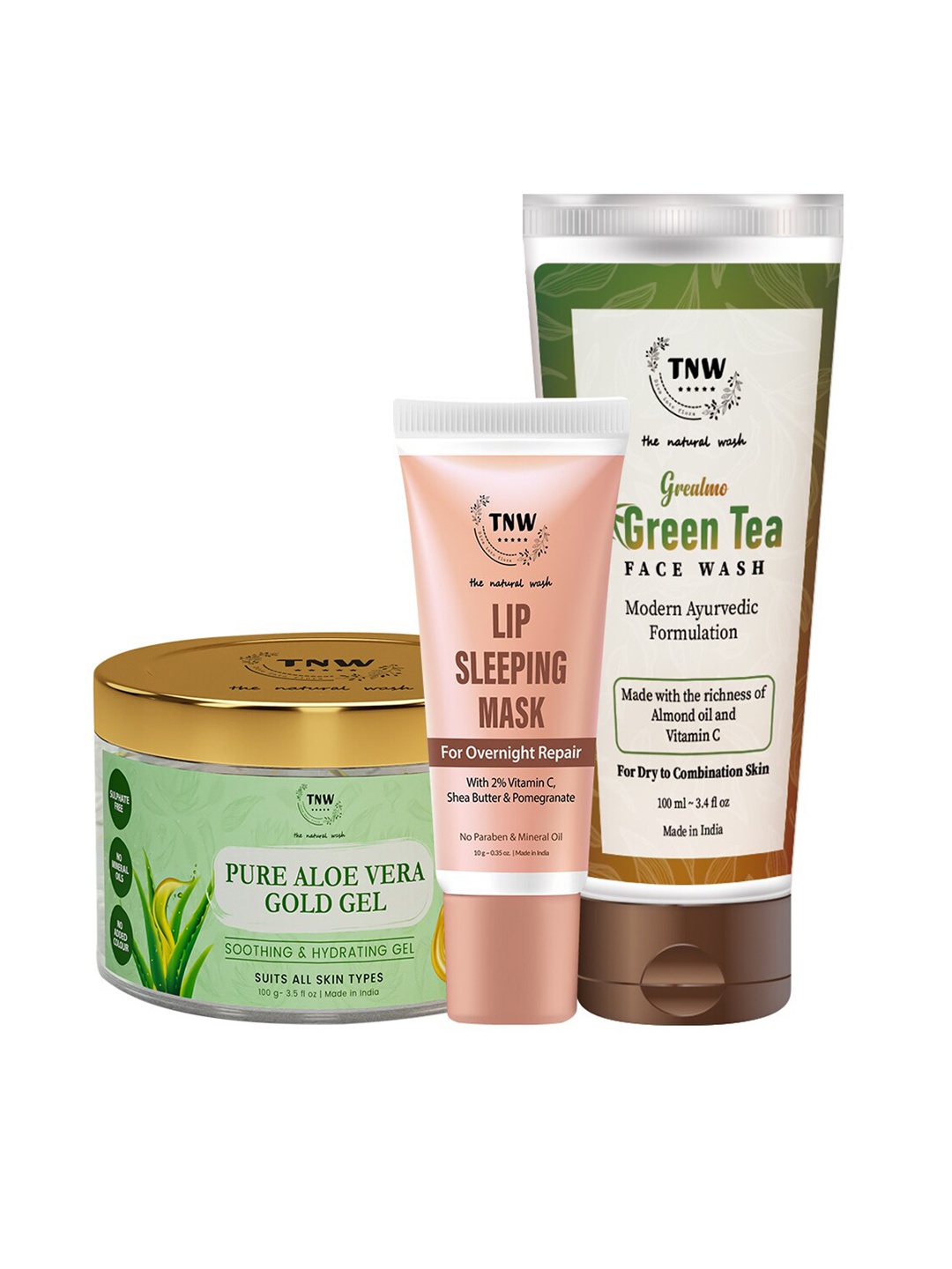

TNW the natural wash Set of Green Tea Face Wash-Aloe Vera Gold Gel & Lip Sleeping Mask