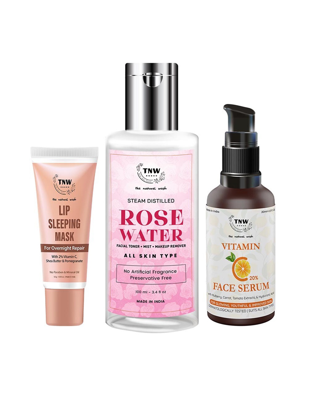 

TNW the natural wash Set of Vitamin C Face Serum, Rose Water & Lip Sleeping Mask, Peach