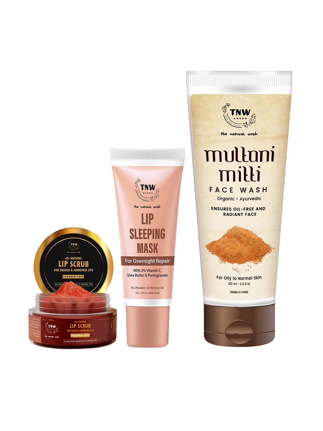 

TNW the natural wash Set of Lip Sleeping Mask, Lip Scrub & Multani Mitti Face Wash, Beige