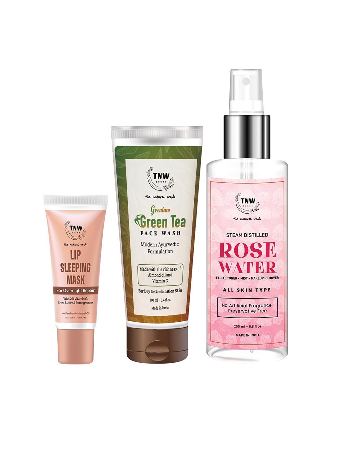 

TNW the natural wash Set of Green Tea Face Wash-Rose Water Toner & Lip Sleeping Mask, Pink