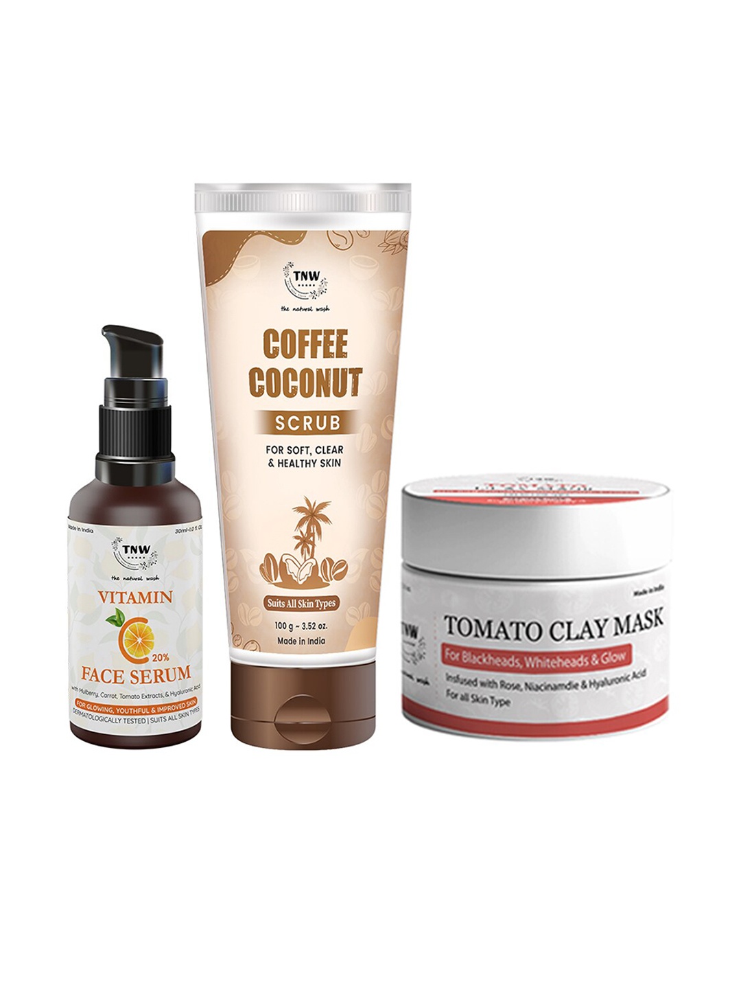 

TNW the natural wash Set of Vitamin C Face Serum, Tomato Clay Mask & Coffee Coconut Scrub, White