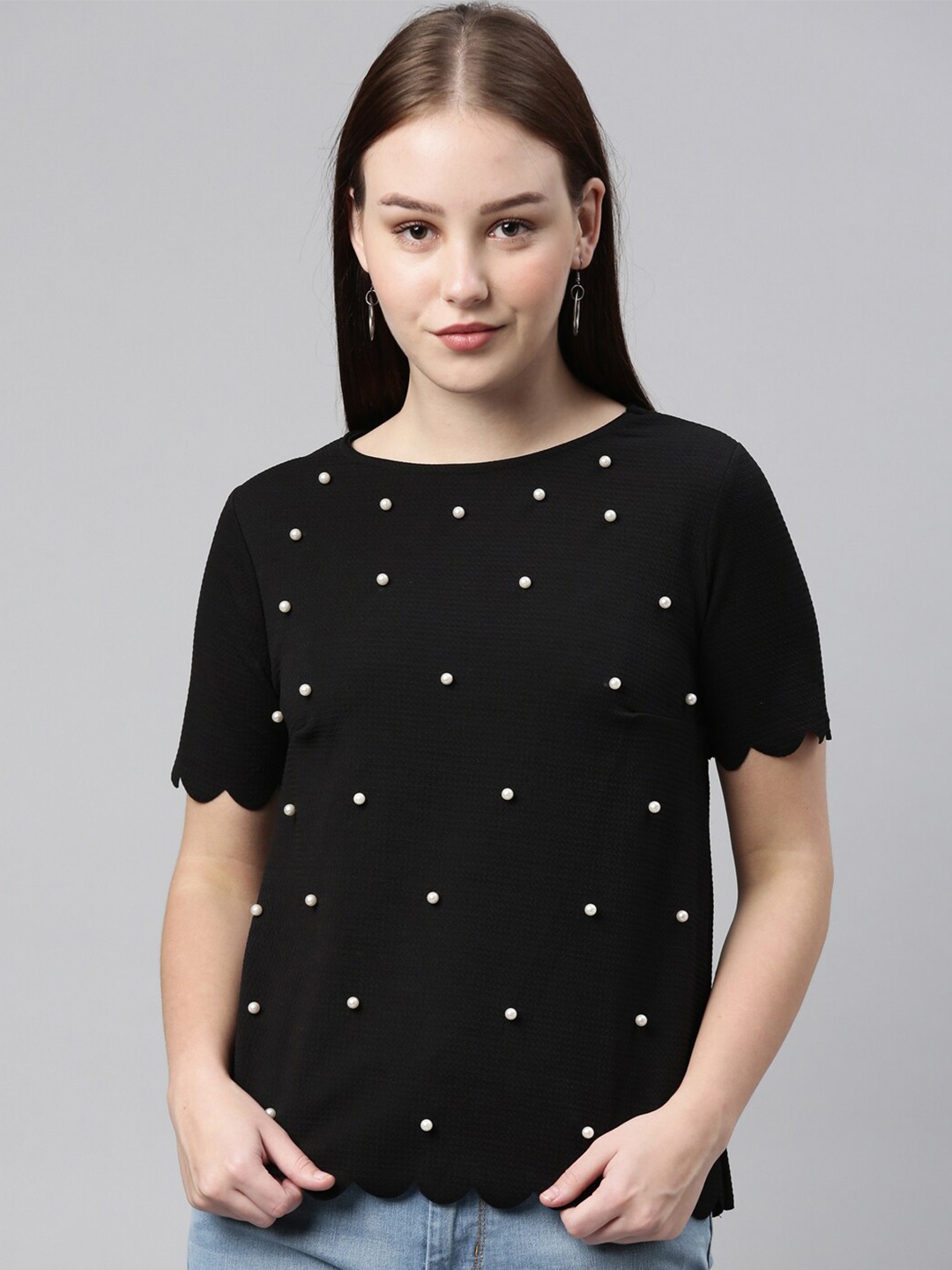 

LAYA Women Black Beads Embellished Top