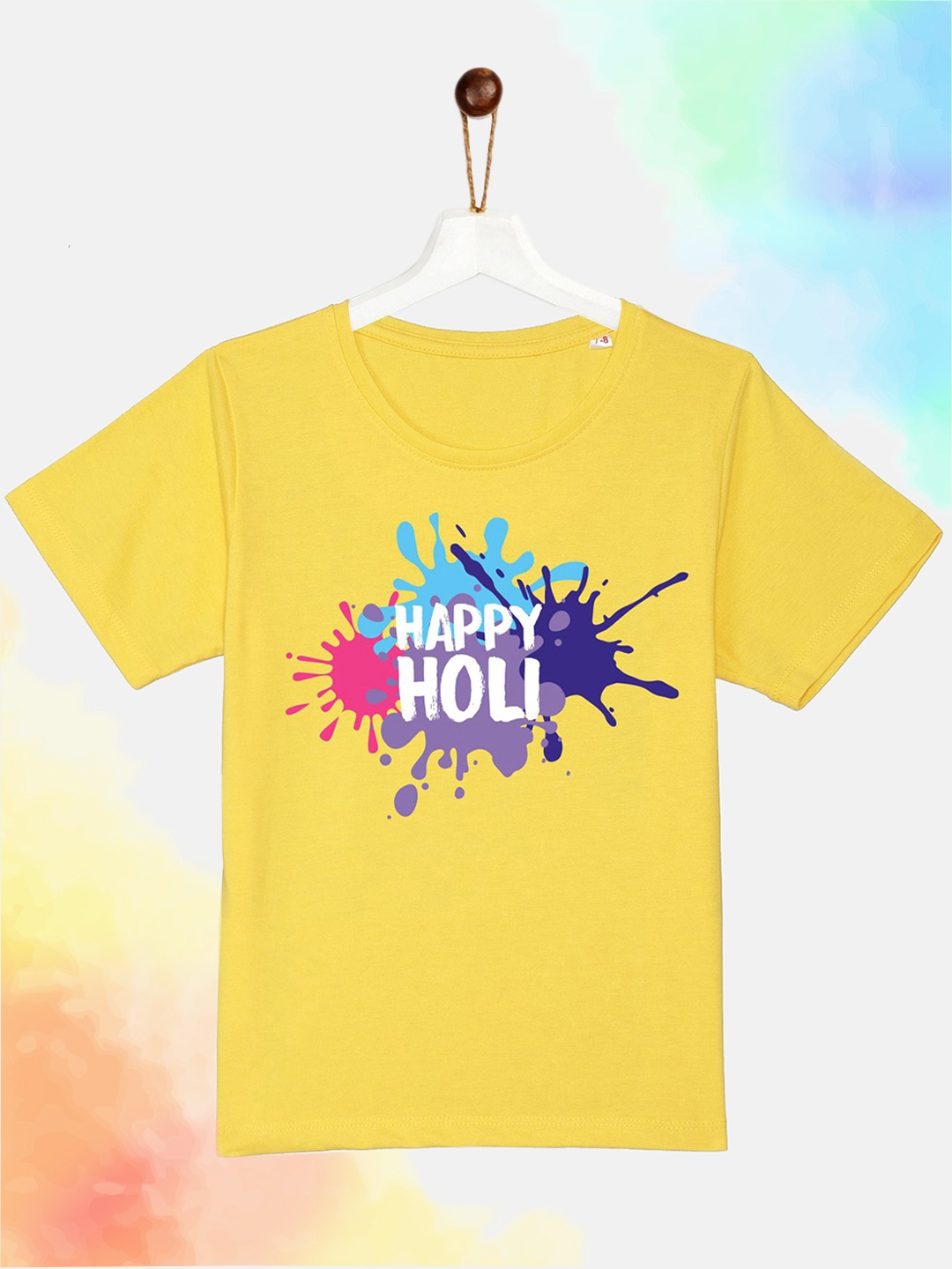 

YK Kids Holi Yellow Typography Printed Cotton T-shirt