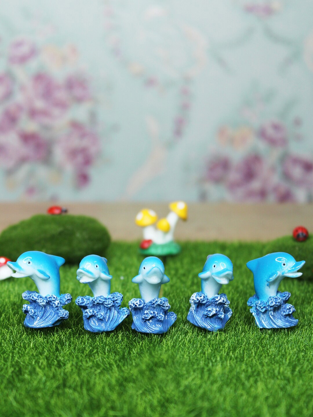 

Wonderland Set Of 5 Blue Dolphin With Waves Miniature Toys Garden Accessory