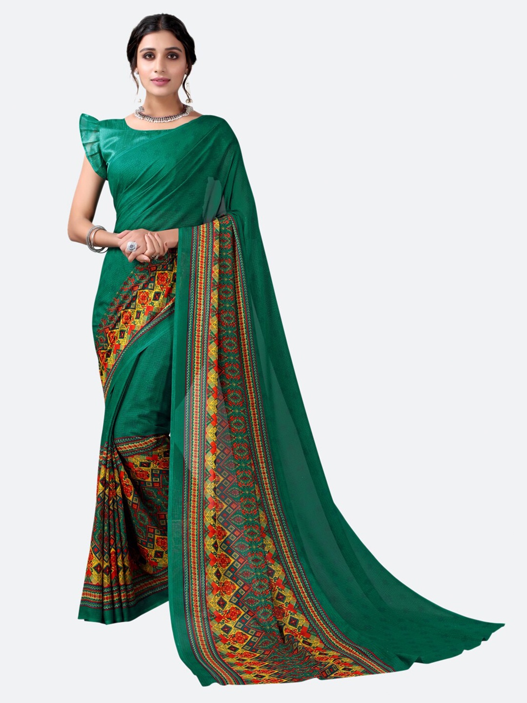 

KALINI Green & Yellow Ethnic Motifs Printed Saree