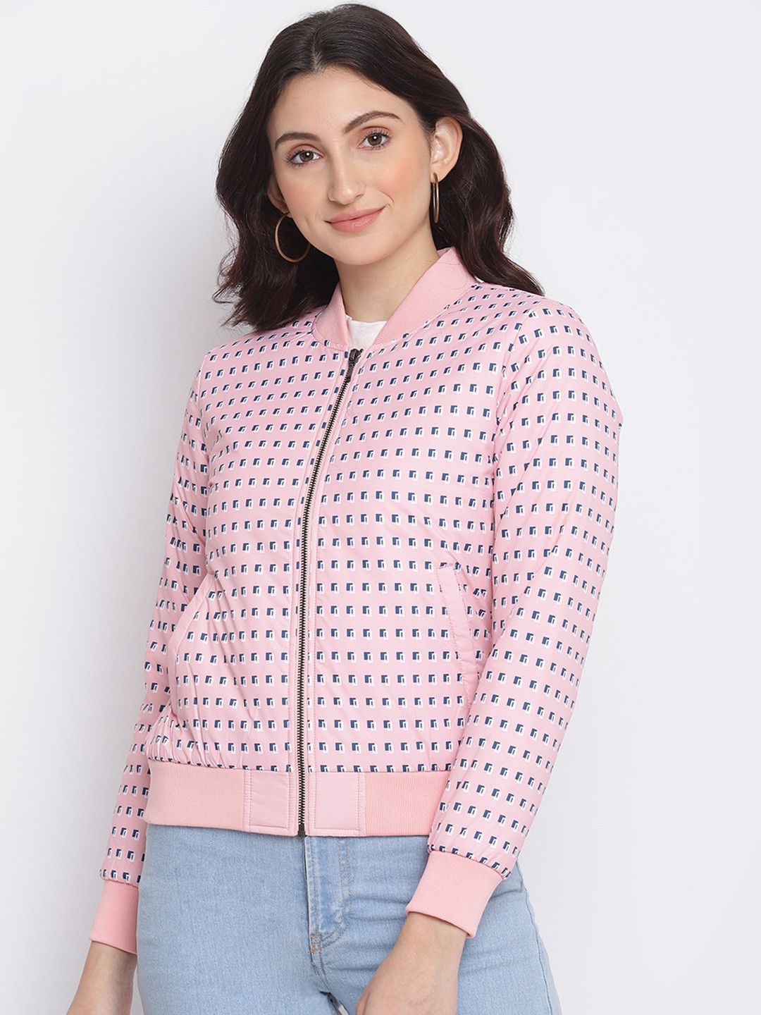 

SPYKAR Women Pink Geometric Bomber Jacket
