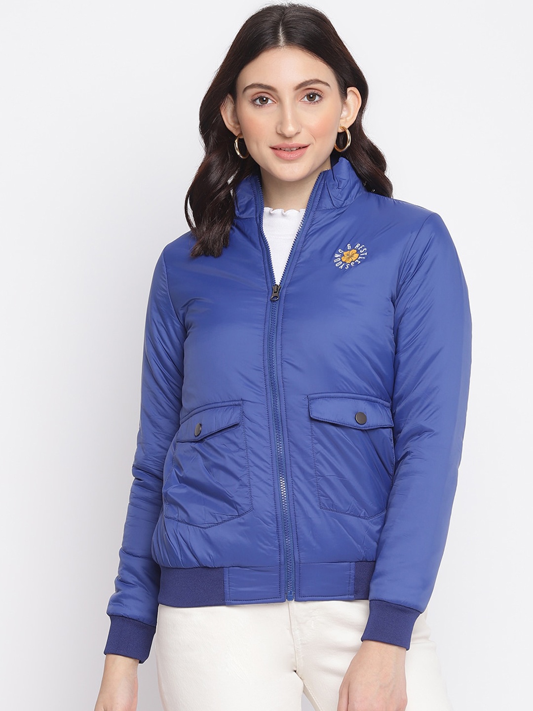 

SPYKAR Women Blue Solid Bomber Jacket