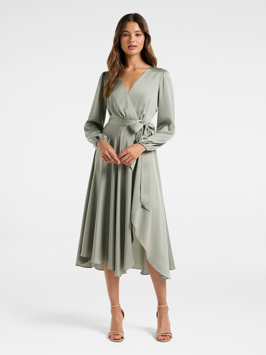 

Forever New Sage Green Satin Wrap Midi Dress