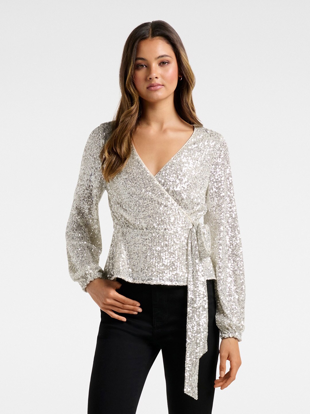 

Forever New Silver-Toned Sequinned Wrap Top