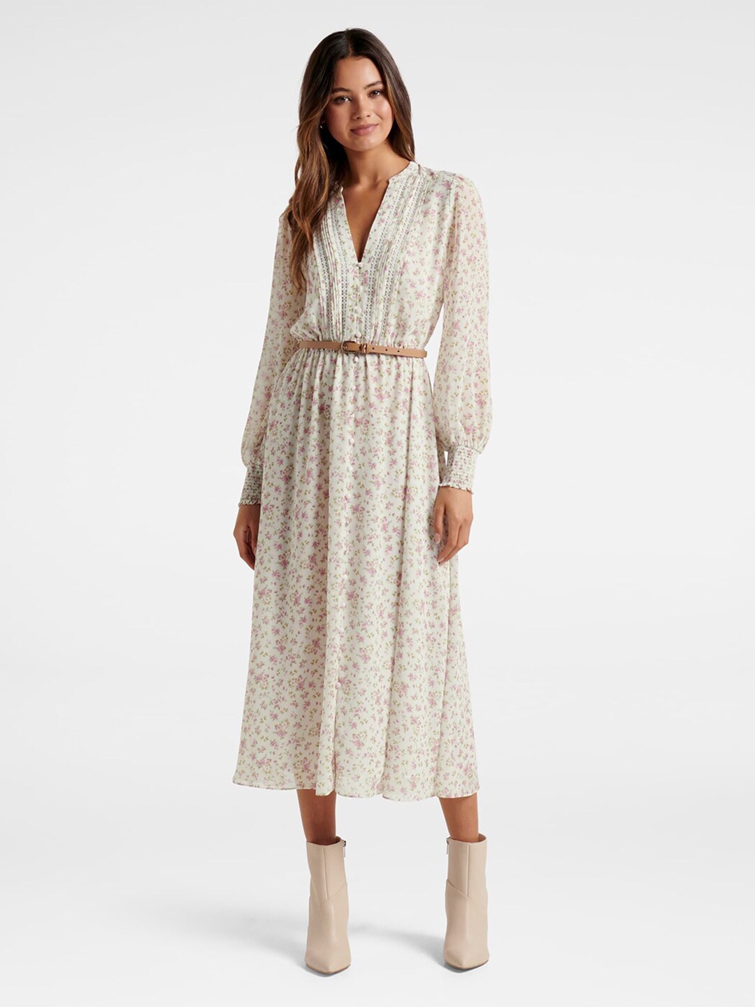 

Forever New Off White Floral A-Line Midi Dress With Belt