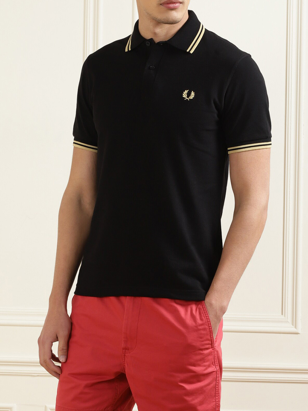 

Fred Perry Men Black Polo Collar Applique T-shirt