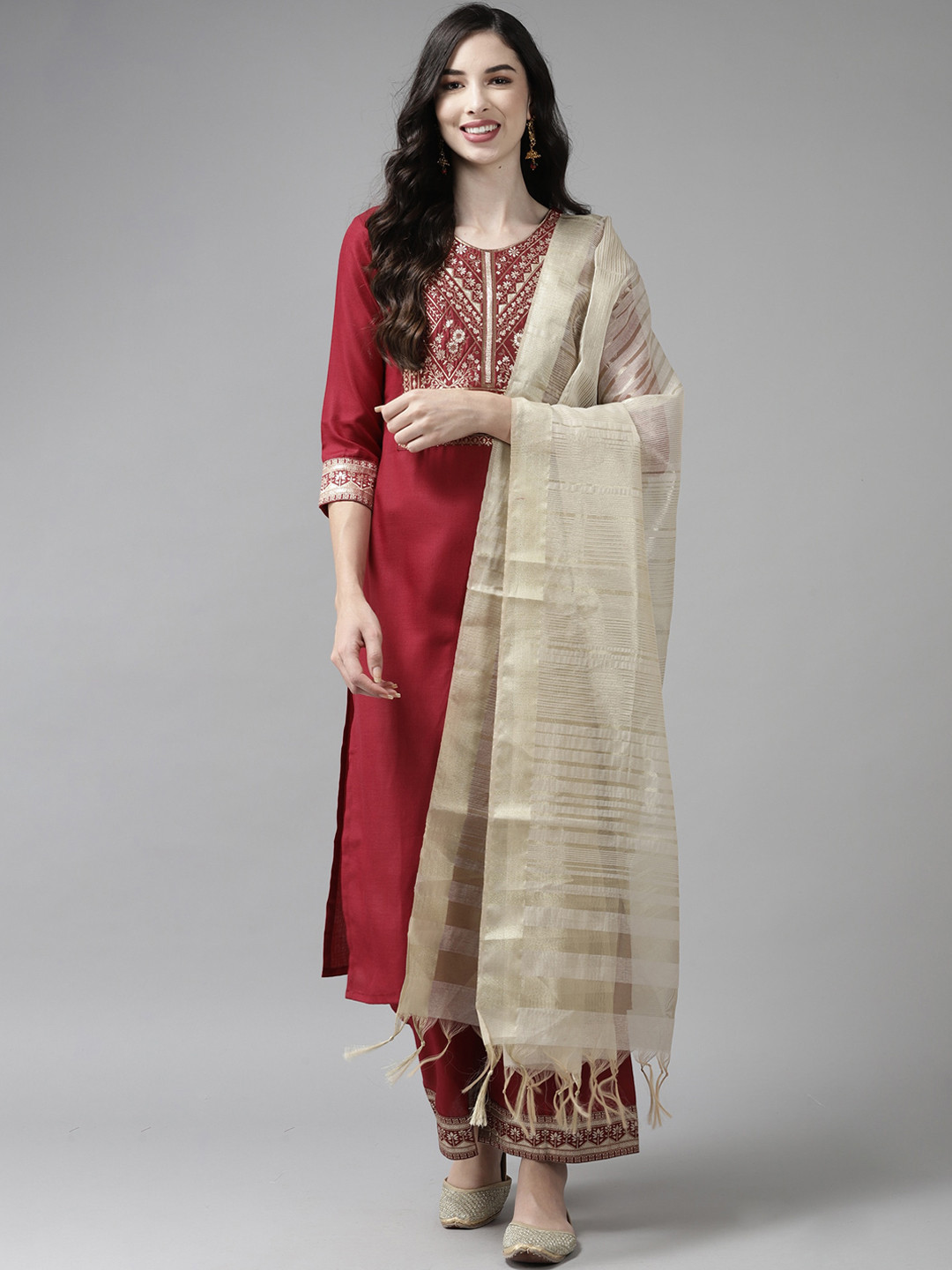 

Indo Era Women Maroon & Golden Yoke Design Kurta with Palazzos & Dupatta