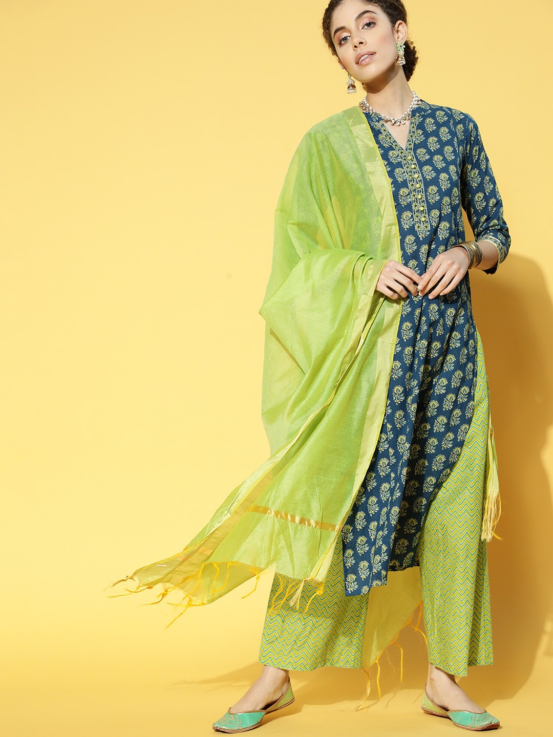 

Indo Era Women Blue Ethnic Motifs Printed Kurta with Palazzos & With Dupatta