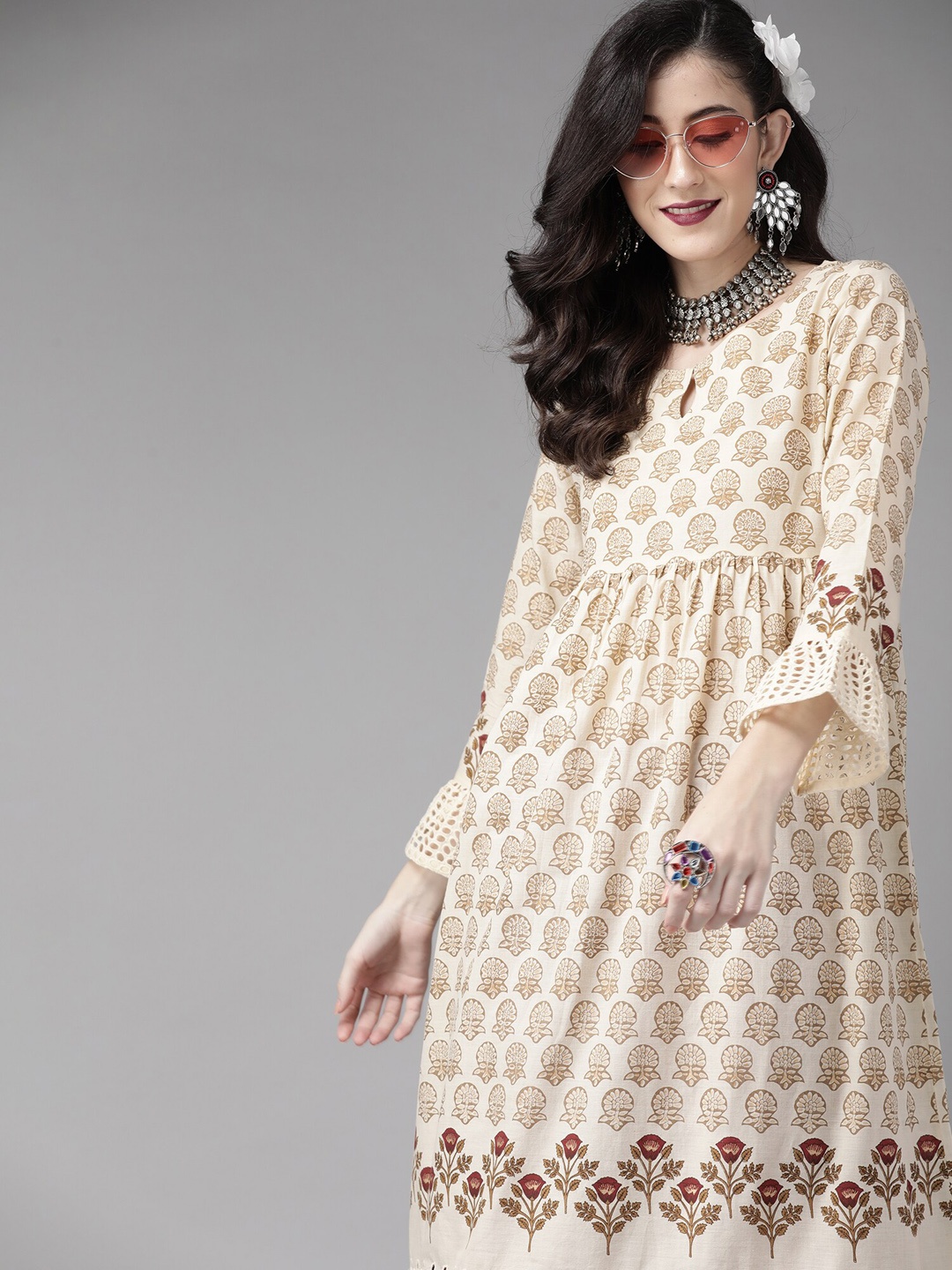 

Indo Era Women Cream& Maroon Ethnic Motifs Printed Bell Sleeves Anarkali Kurta