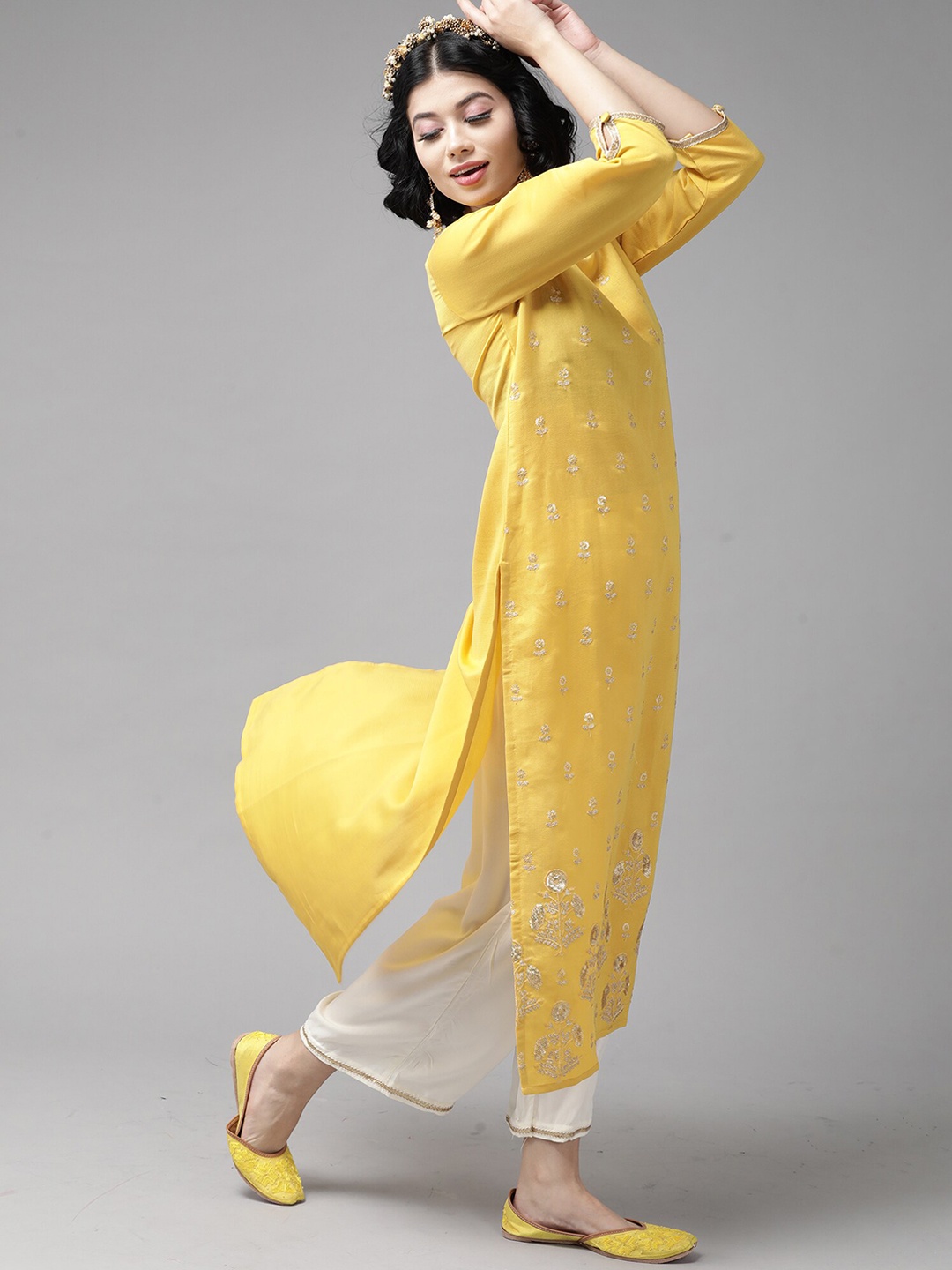 

Indo Era Women Yellow Ethnic Motifs Embroidered Pure Cotton Kurta with Trousers & With Dupatta