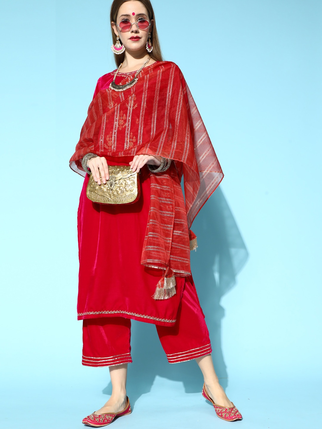 

Indo Era Women Pink Floral Embroidered Empire Velvet Kurti with Trousers & With Dupatta